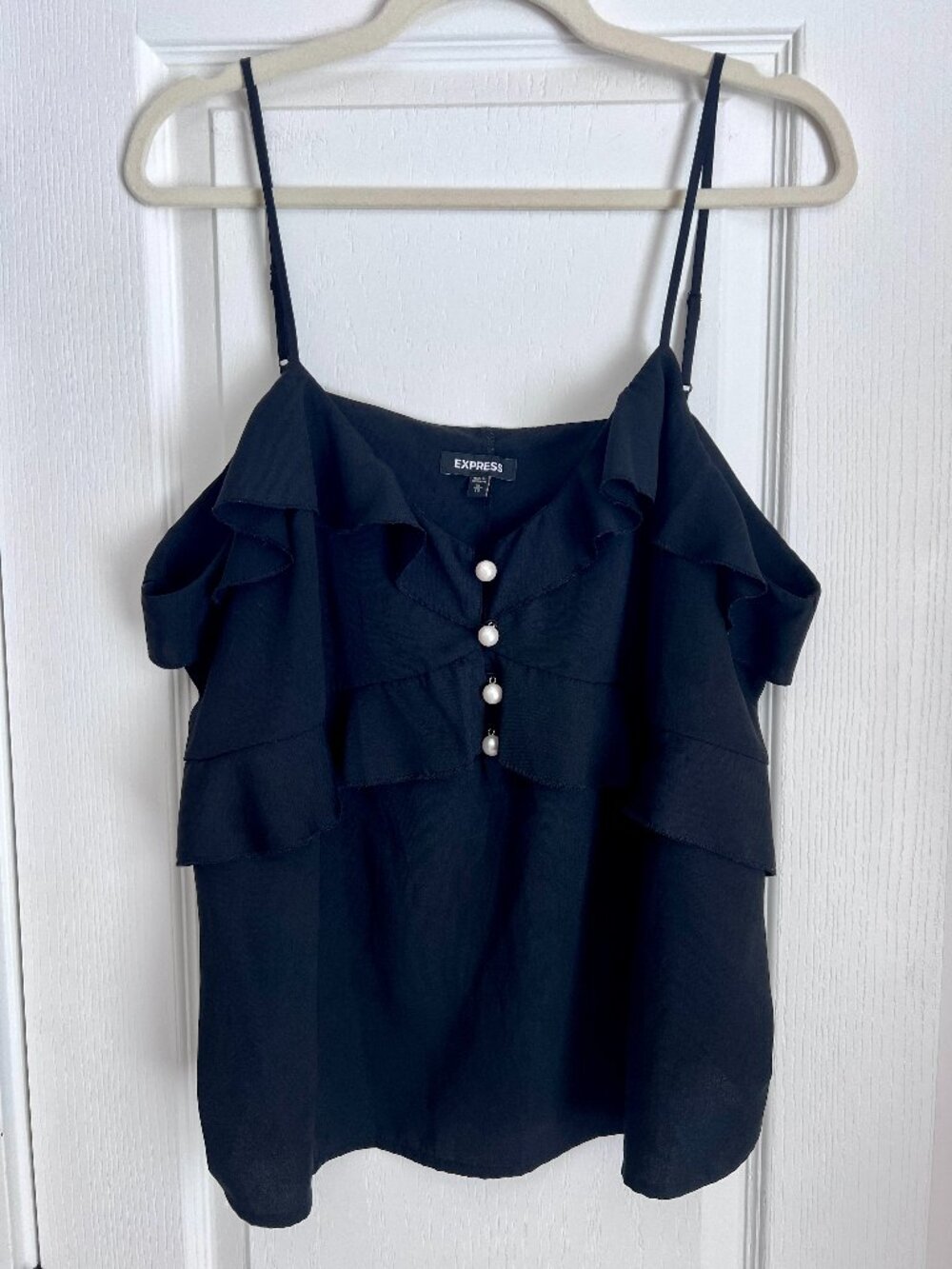 Express Black Pearl Button Ruffle Cold-Shoulder Camisole Top - Size XL